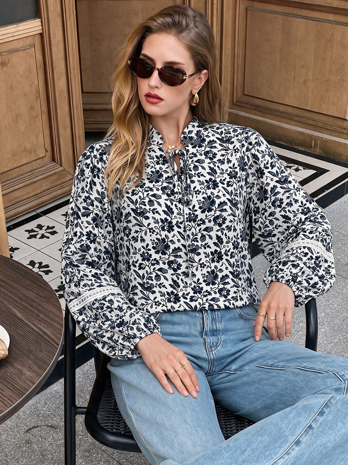 Lace Insert Balloon Sleeve Tie Neck Ditsy Floral Blouse