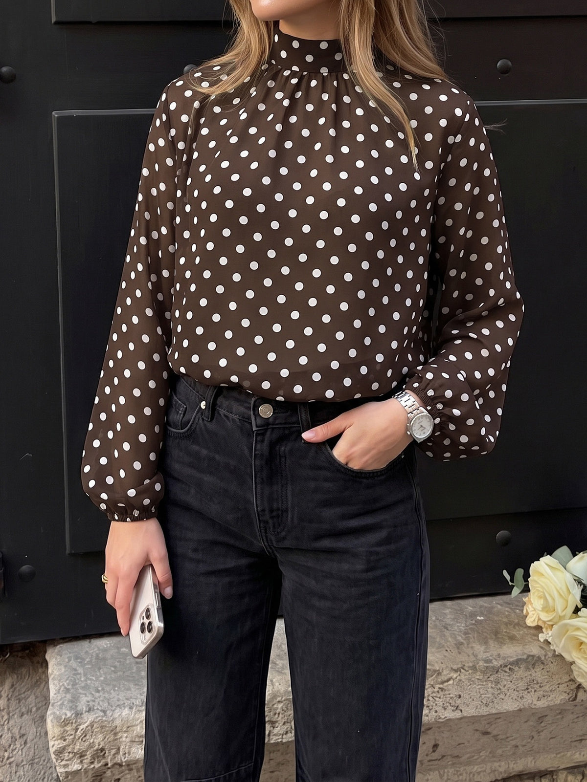 High Neck Balloon Sleeve Polka Dot Chiffon Blouse
