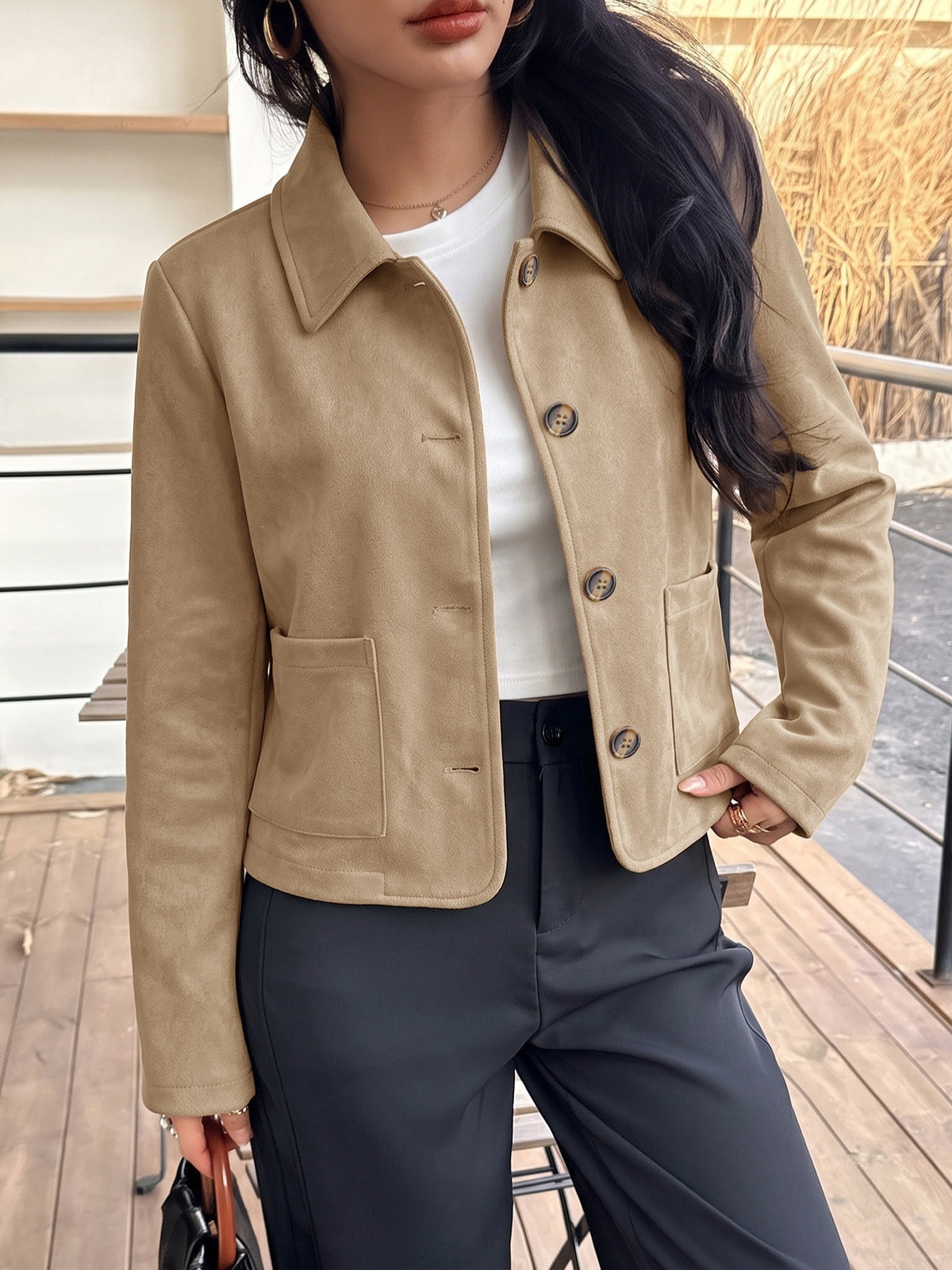 Collared Patch Pocket Button Suedette Jacket