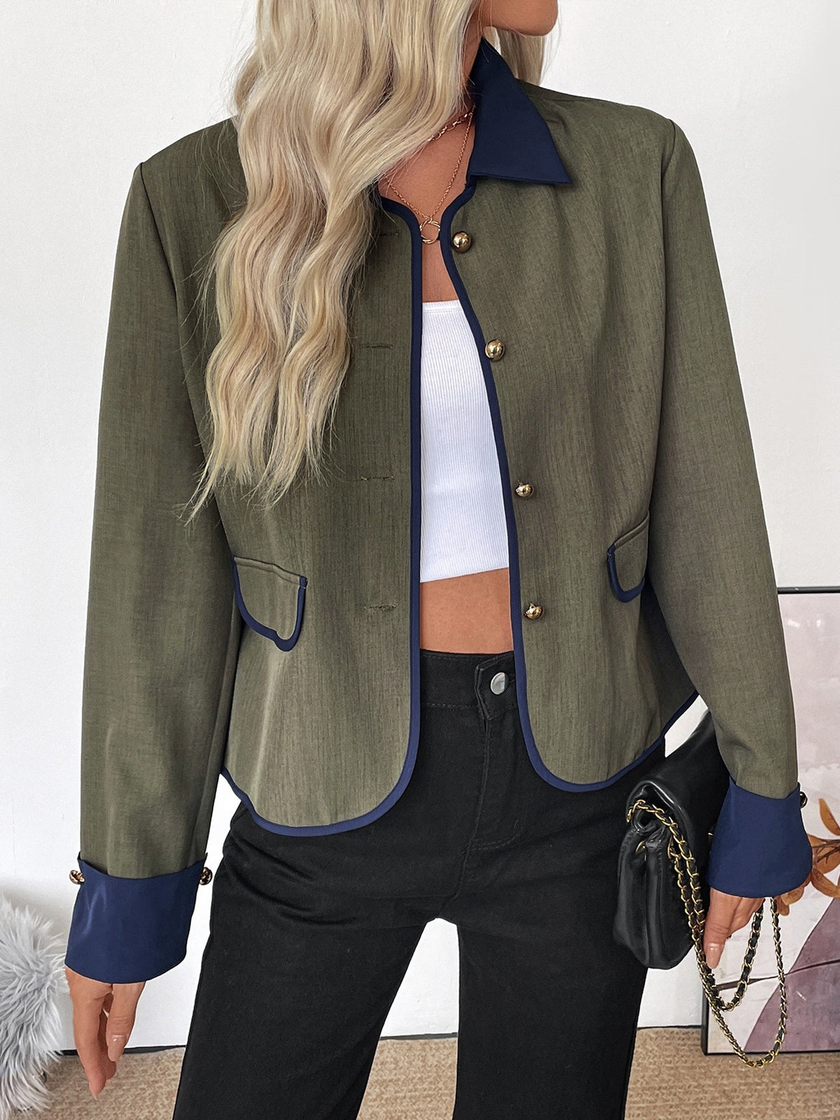 Contrast Collar Gold Button Piped Cropped Jacket