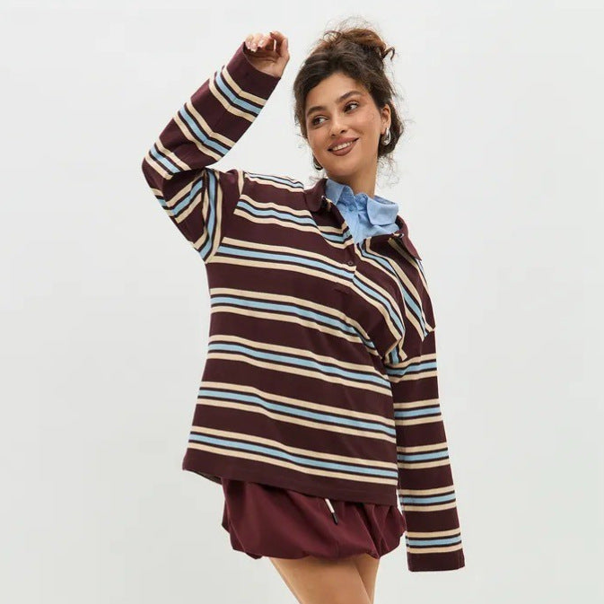 Button Placket Oversized Striped Rugby Top