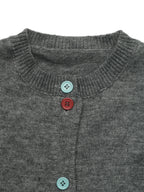 Close-up of a dark gray knit cardigan sweater featuring a ribbed crew neck and three decorative buttons in light blue, red, and light blue.