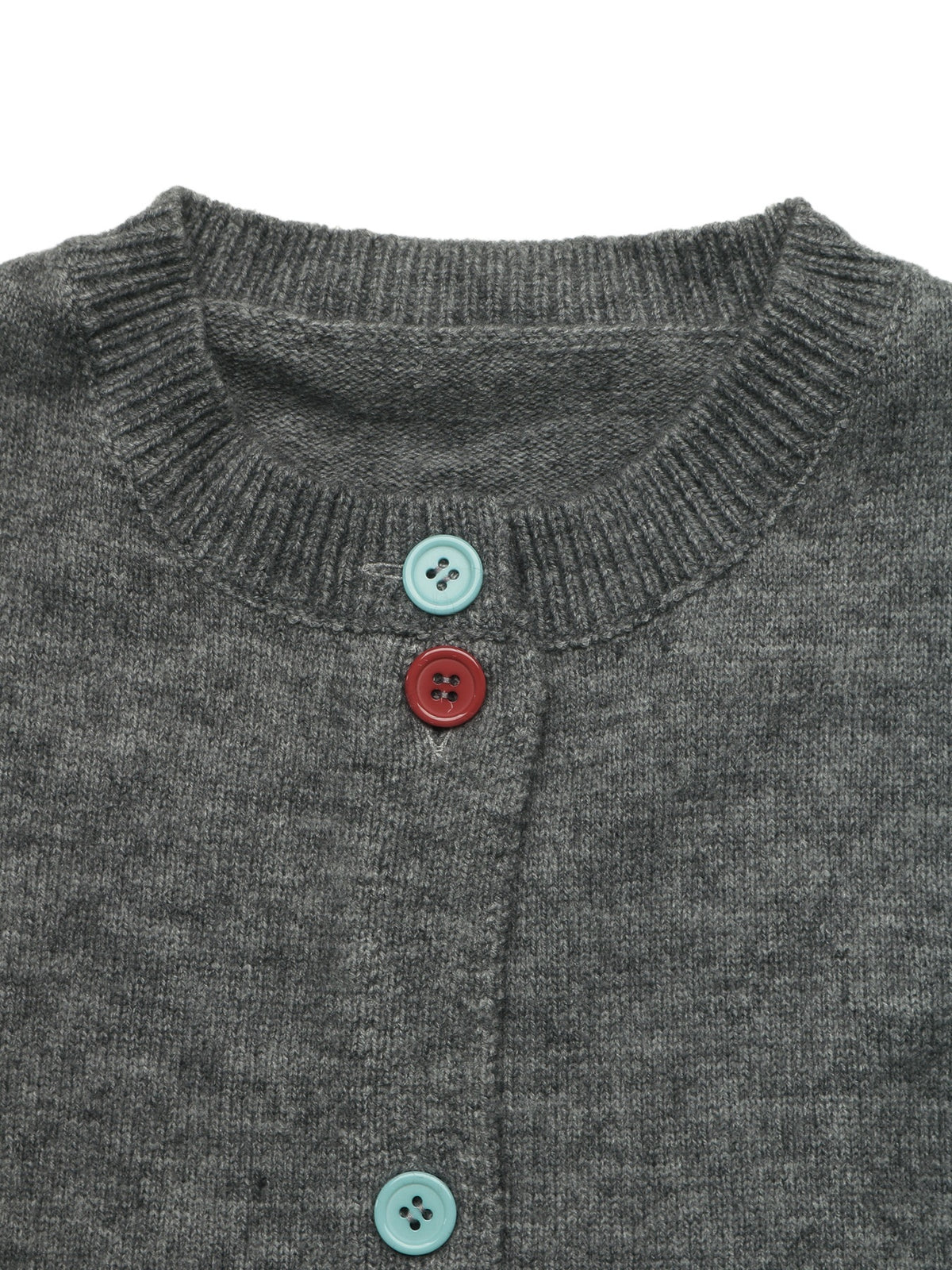 Close-up of a dark gray knit cardigan sweater featuring a ribbed crew neck and three decorative buttons in light blue, red, and light blue.