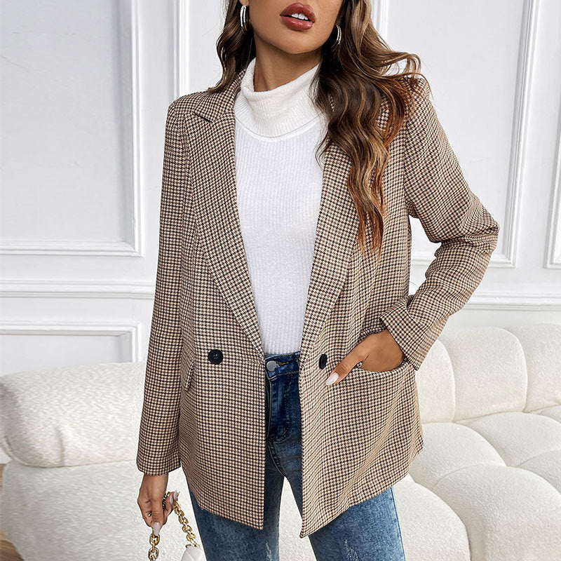 Women's Houndstooth Blazer - beige, front view