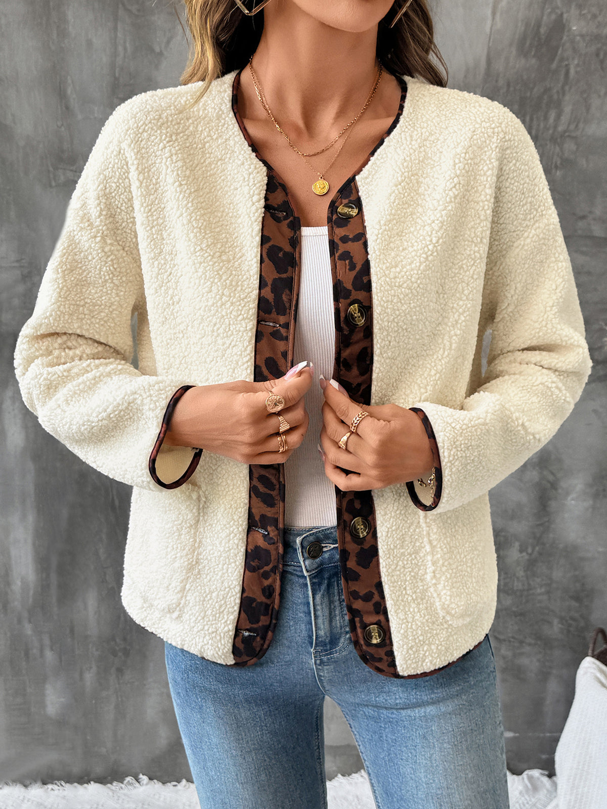 Cream Teddy Fleece Jacket with Leopard Print Trim & Buttons