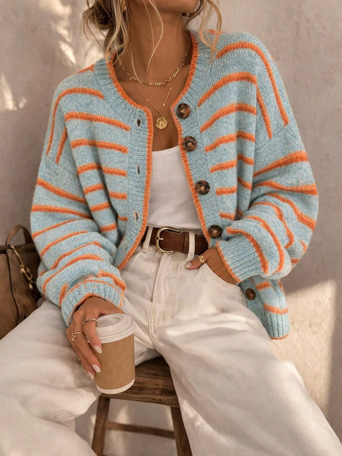 Orange Trim Powder Blue Striped Crew Neck Cardigan