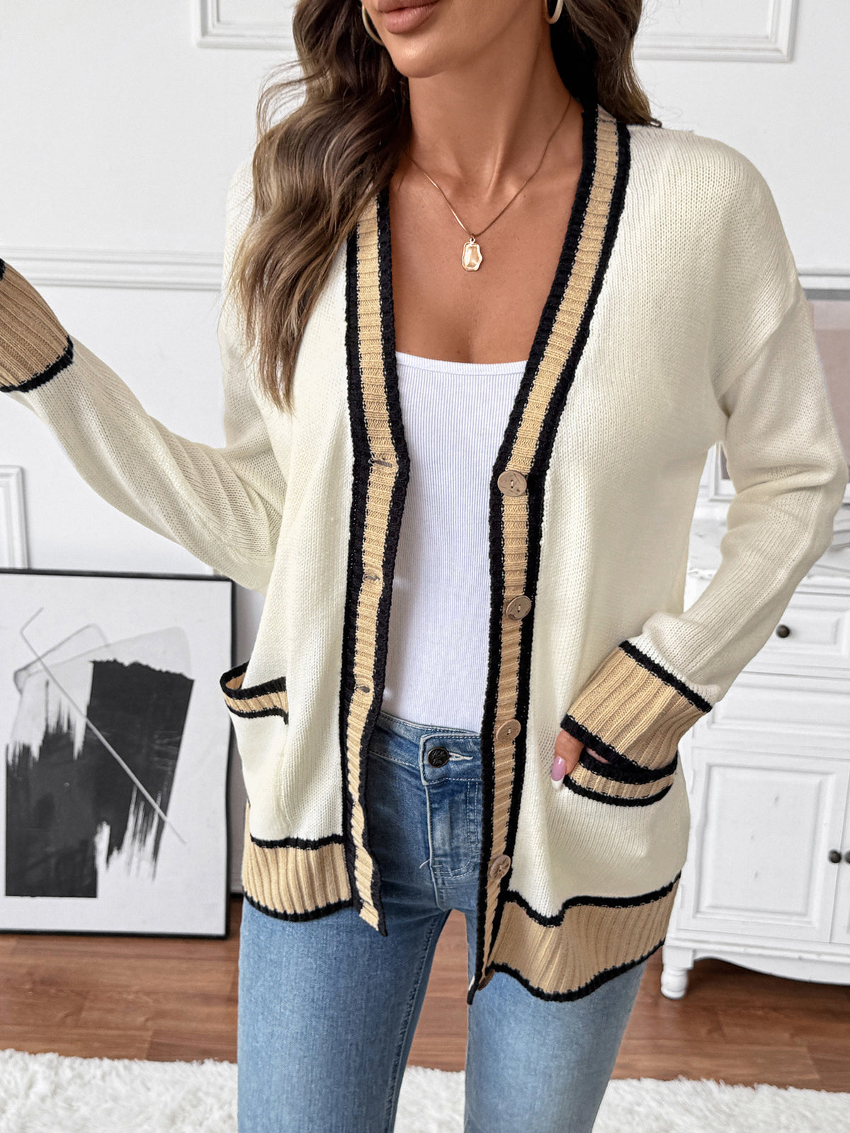 Contrast Trim V Neck Button Pocket Cardigan