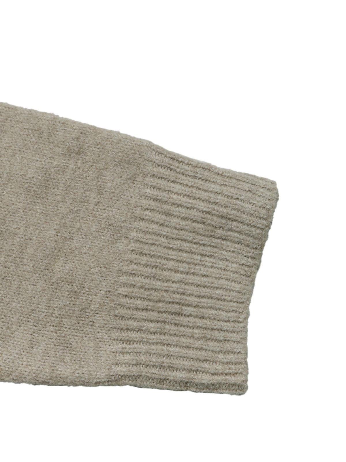 Close-up of a ribbed knit sleeve cuff in a light taupe-beige color on a white background.