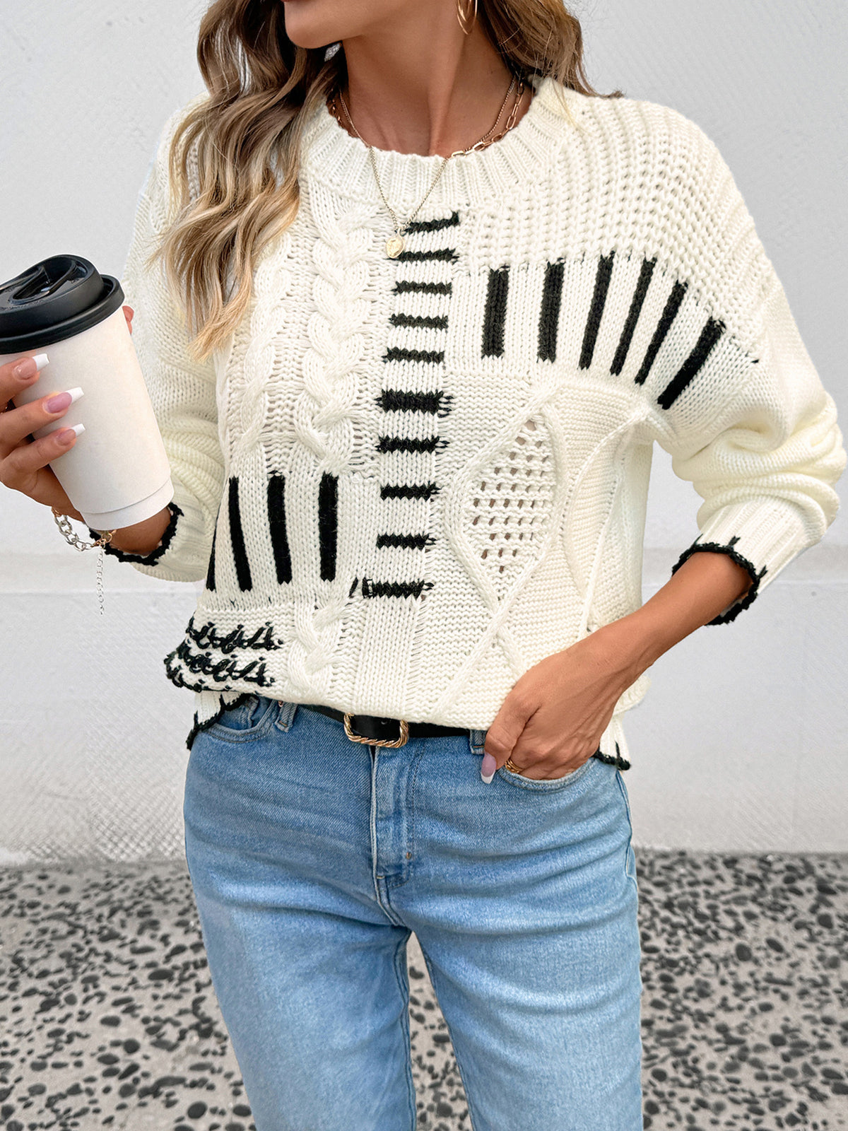 Contrast Stitch Patchwork Cable Knit Jumper
