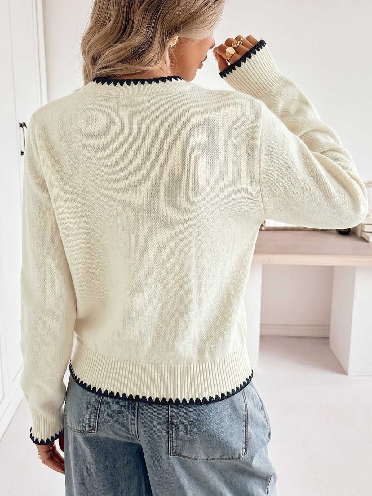 Gold Button Blanket Stitch V Neck Cropped Cardigan