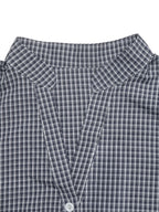 Close-up of a navy and white checkered shirt collar with a button placket on a white background.