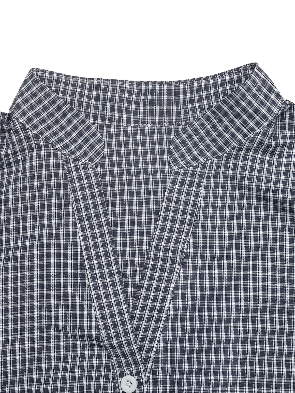 Close-up of a navy and white checkered shirt collar with a button placket on a white background.