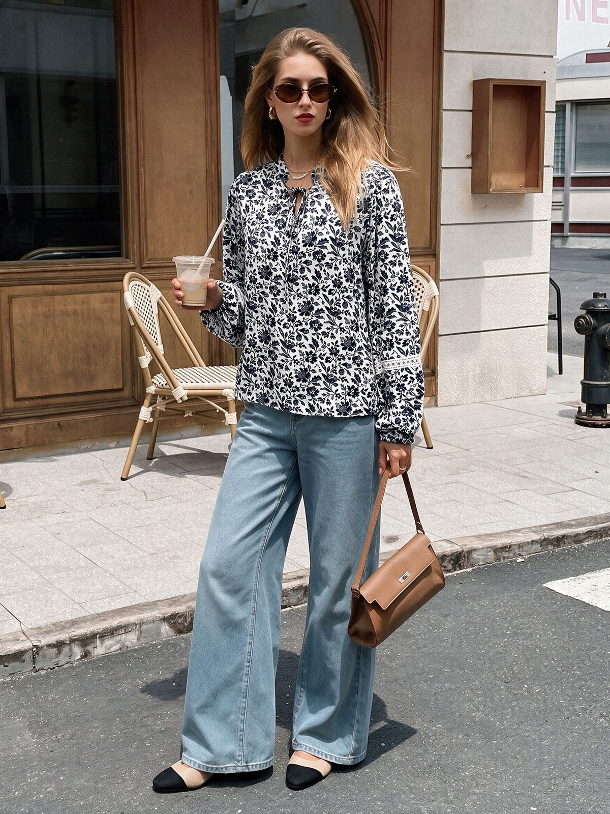 Lace Insert Balloon Sleeve Tie Neck Ditsy Floral Blouse