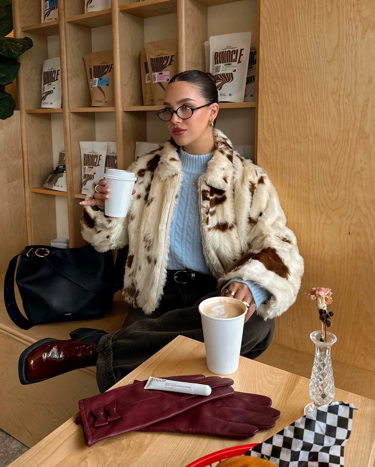 Collared Zip Through Cropped Cow Print Faux Fur Jacket