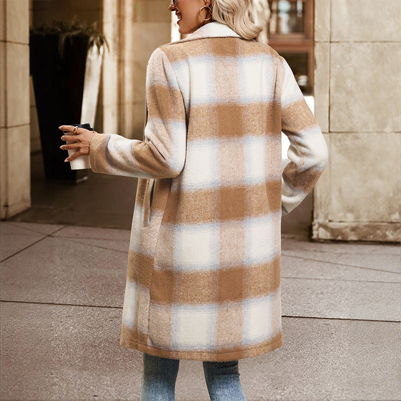 Women's Checked Double Breasted Coat - back view