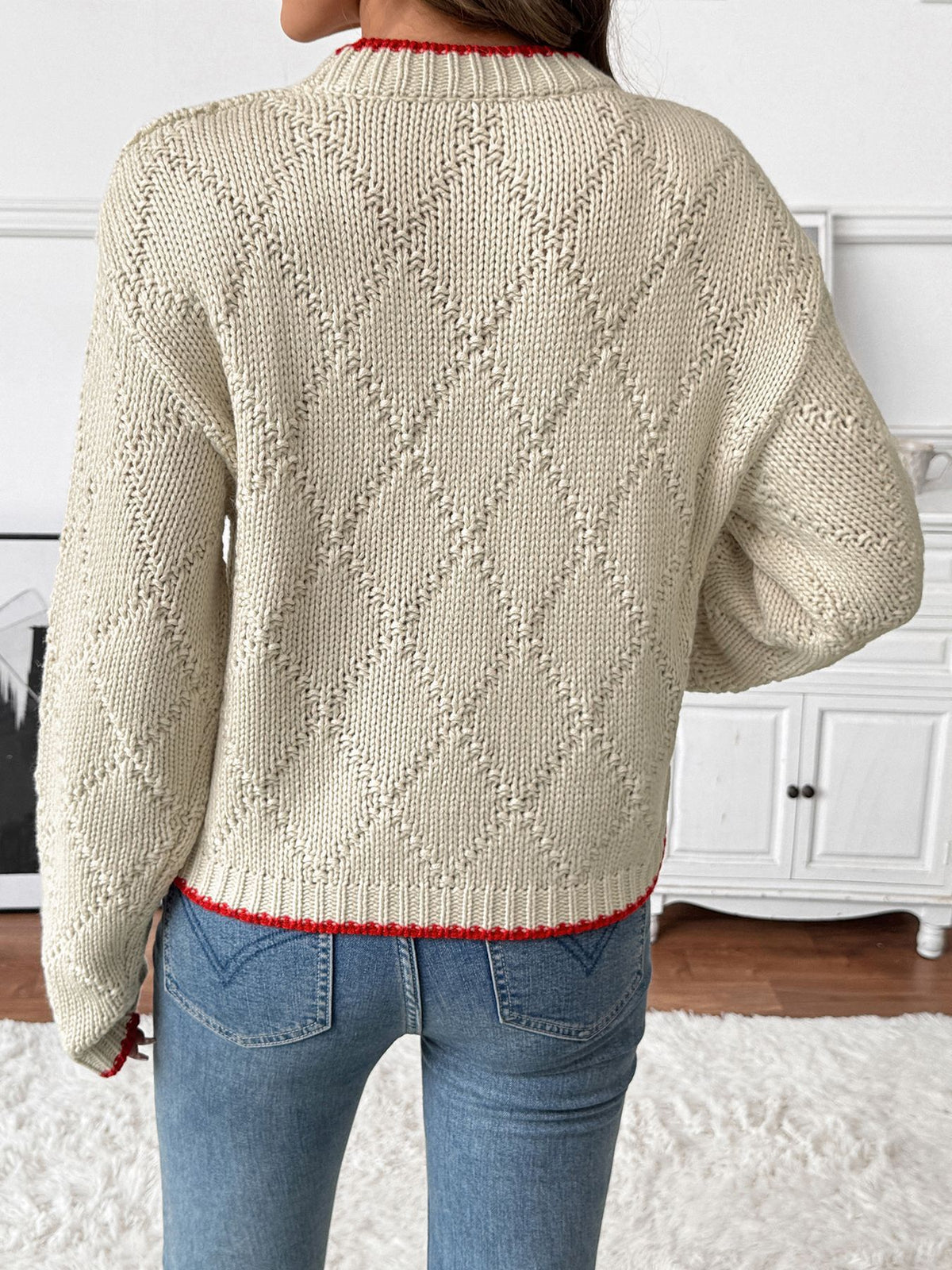 Fish Motif Red Trim Chunky Knit Crew Neck Jumper