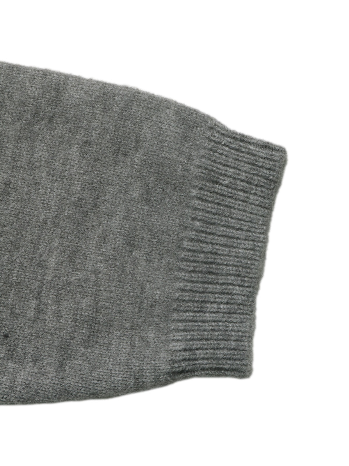 Close-up of a gray knit sleeve with a ribbed cuff on a plain white background.