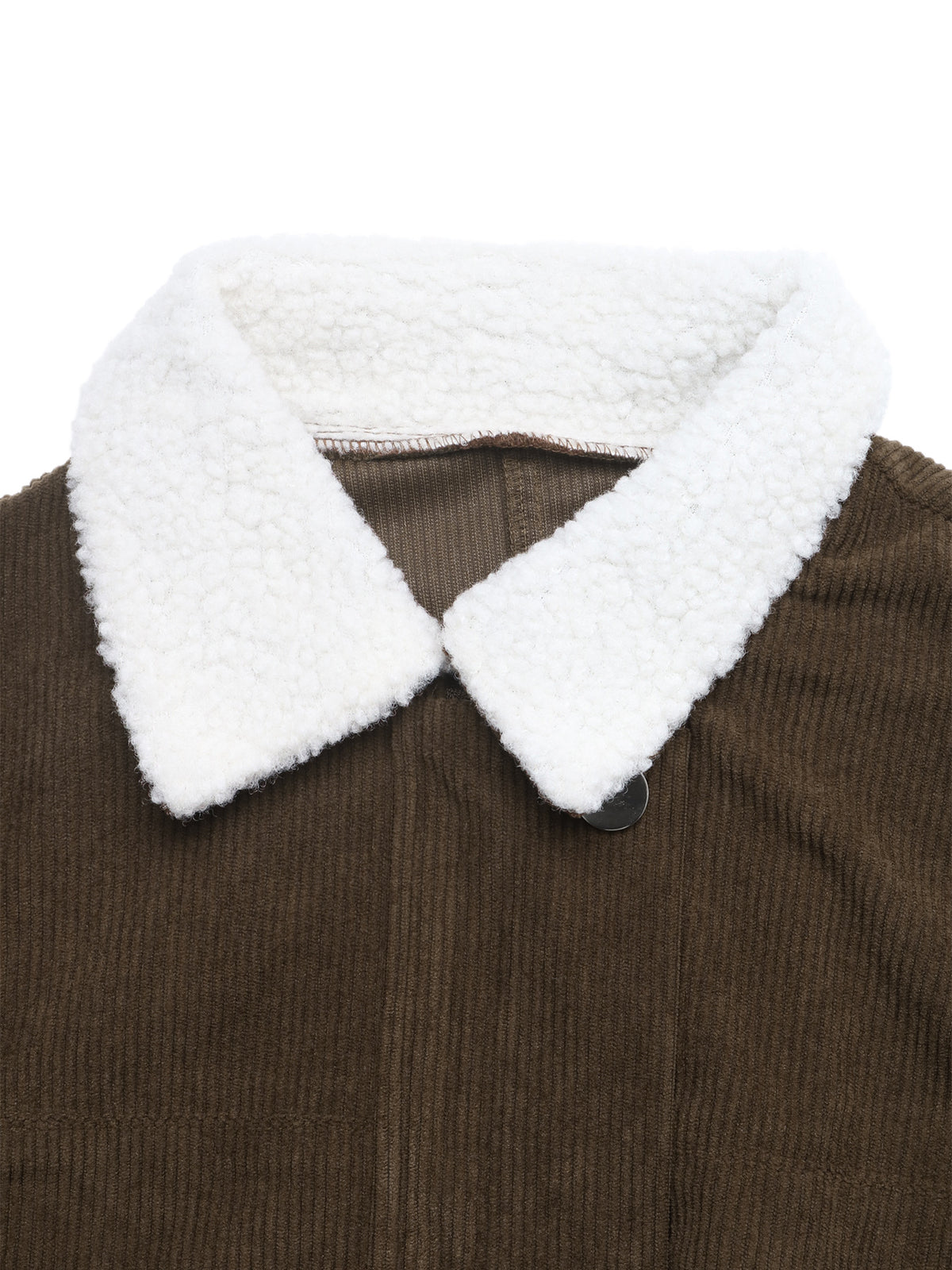 Close-up of a brown corduroy jacket featuring a thick, plush white sherpa collar and a dark snap button.