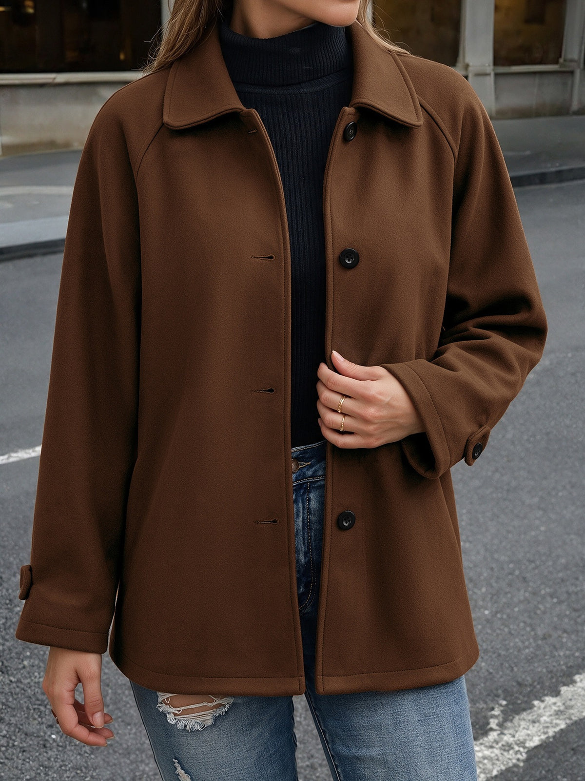Collared Single Breasted Raglan Sleeve Car Coat