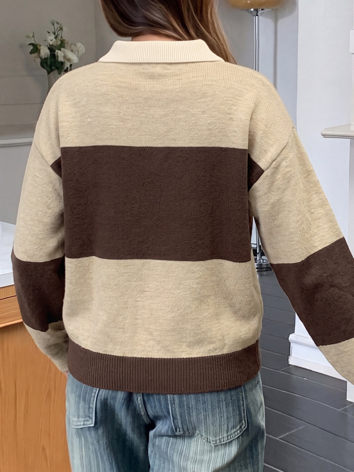 Contrast Collar Colour Block Knitted Rugby Polo Jumper