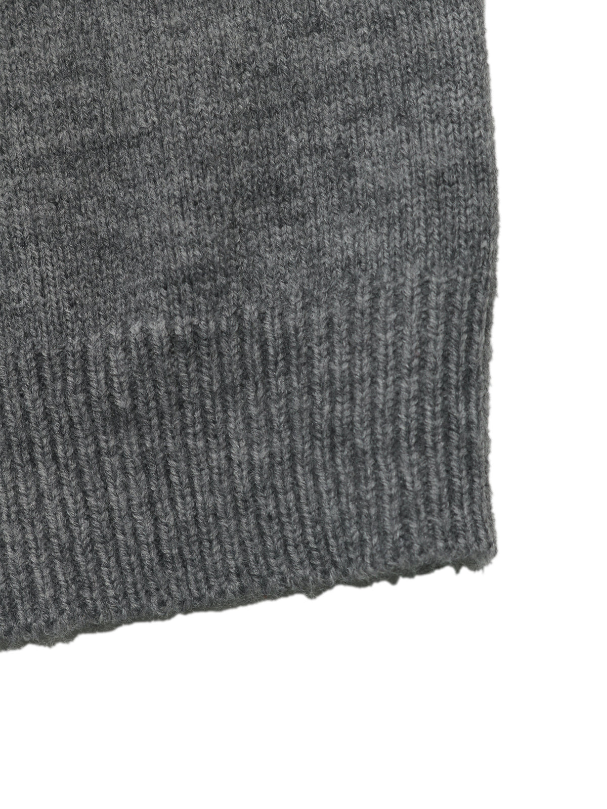 Close-up of a dark gray ribbed knit fabric cuff on a white background.