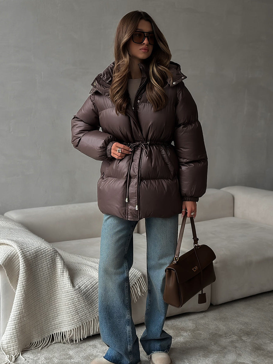 Drawstring Waist Hooded Zip Front Puffer Jacket
