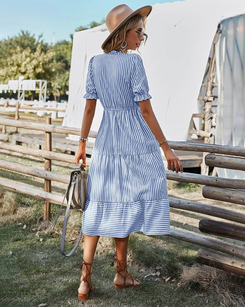 Sky Blue Striped Midi Dress with Tassel Tie & Frill Sleeves