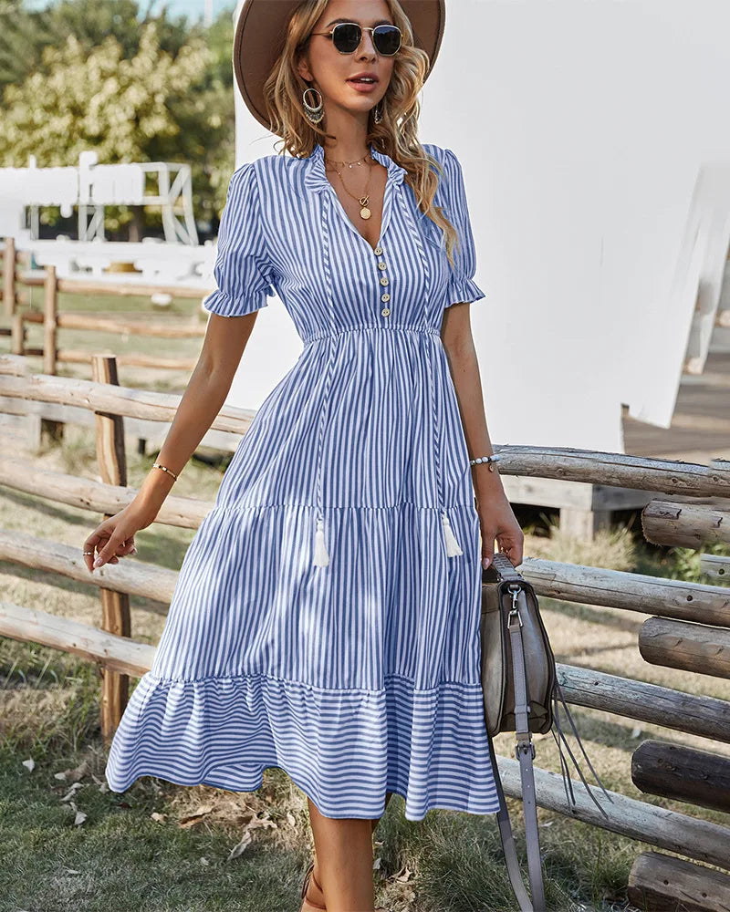 Sky Blue Striped Midi Dress with Tassel Tie & Frill Sleeves