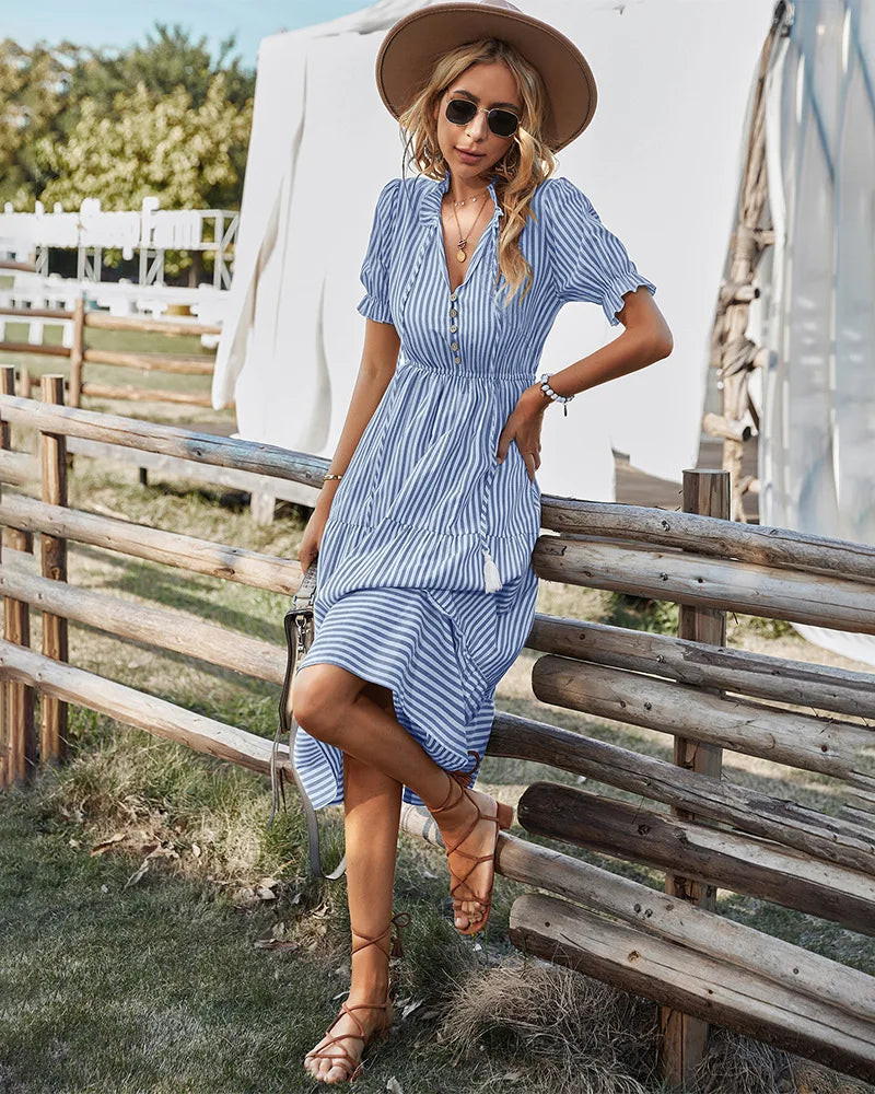Sky Blue Striped Midi Dress with Tassel Tie & Frill Sleeves