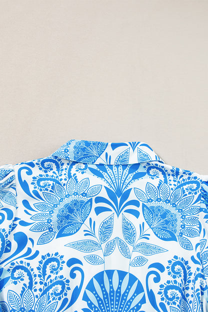 Women's Blue Retro Floral Print Waist Ruffled Summer Mini Dress