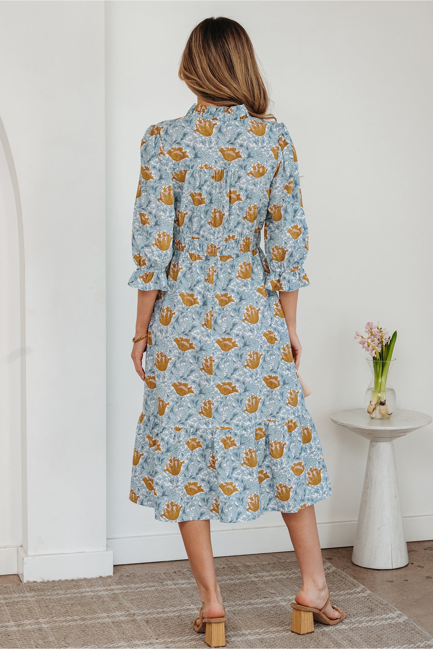 Women's Blue Floral V Neck Summer Midi Dress