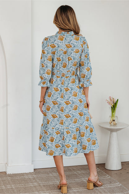 Women's Blue Floral V Neck Summer Midi Dress