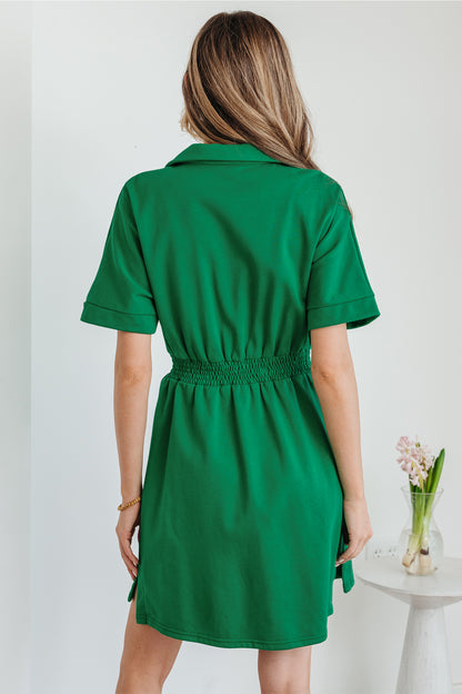 Women's Green Half Zip Short Sleeve Summer Mini Dress