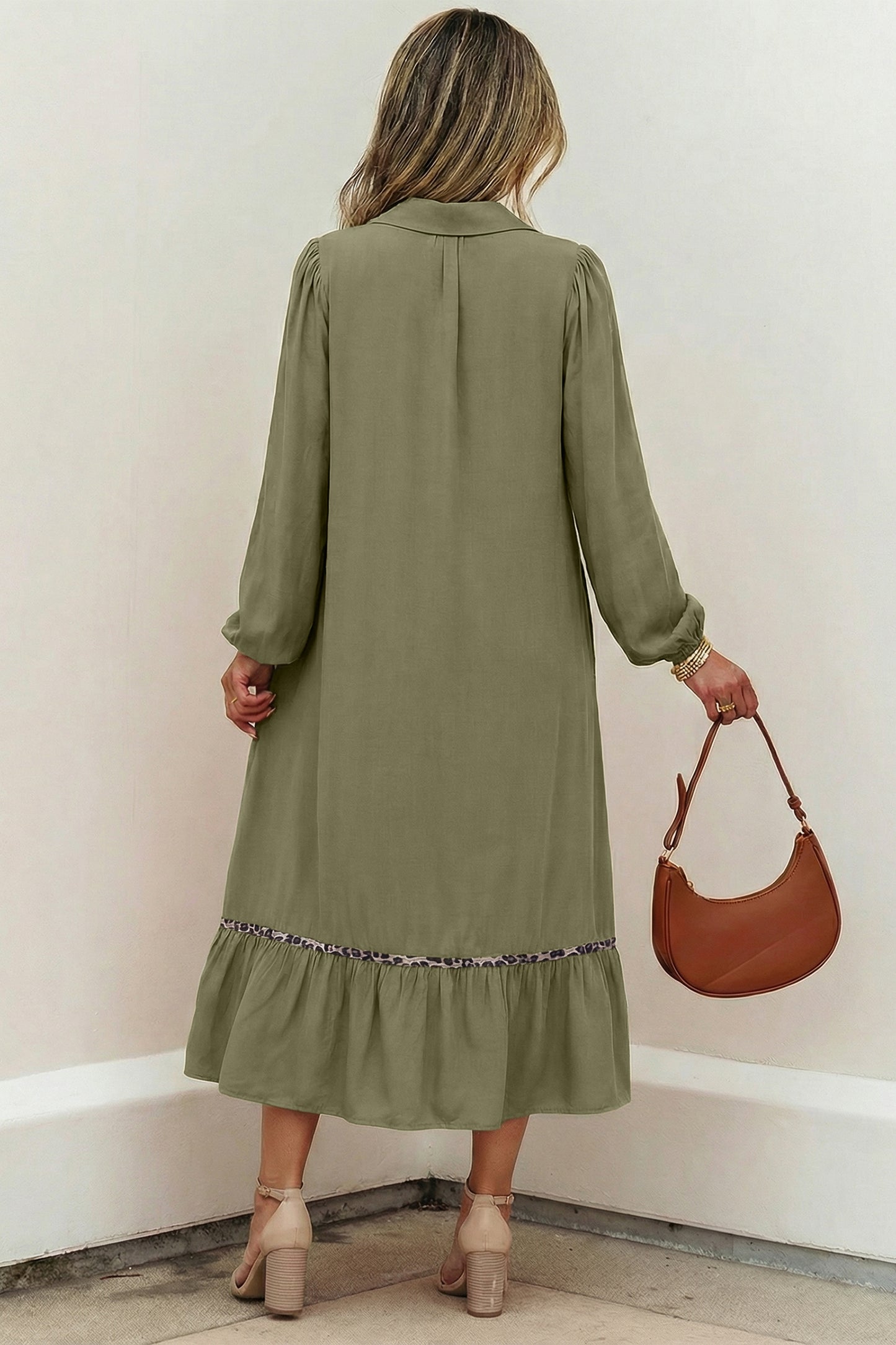 Women's Green V Neck Long Sleeve Summer Midi Dress