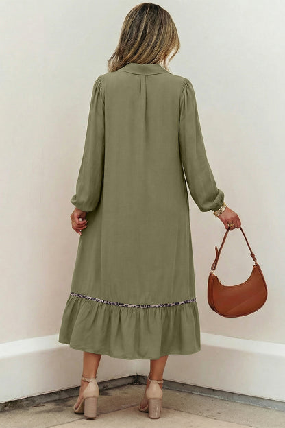 Women's Green V Neck Long Sleeve Summer Midi Dress