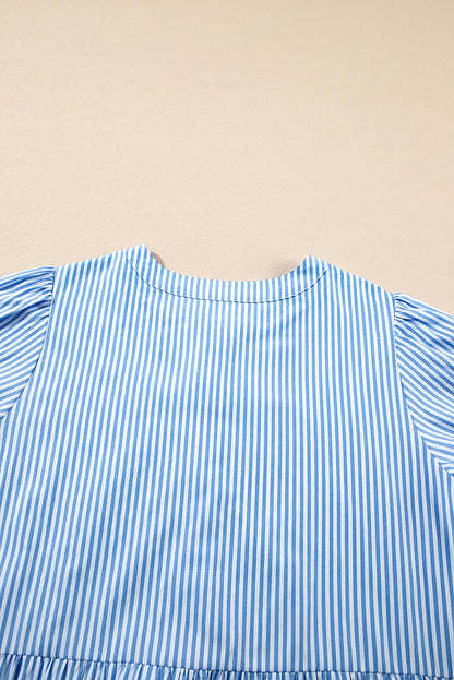 Women's Blue Stripe Bubble Short Sleeve Summer Midi Dress