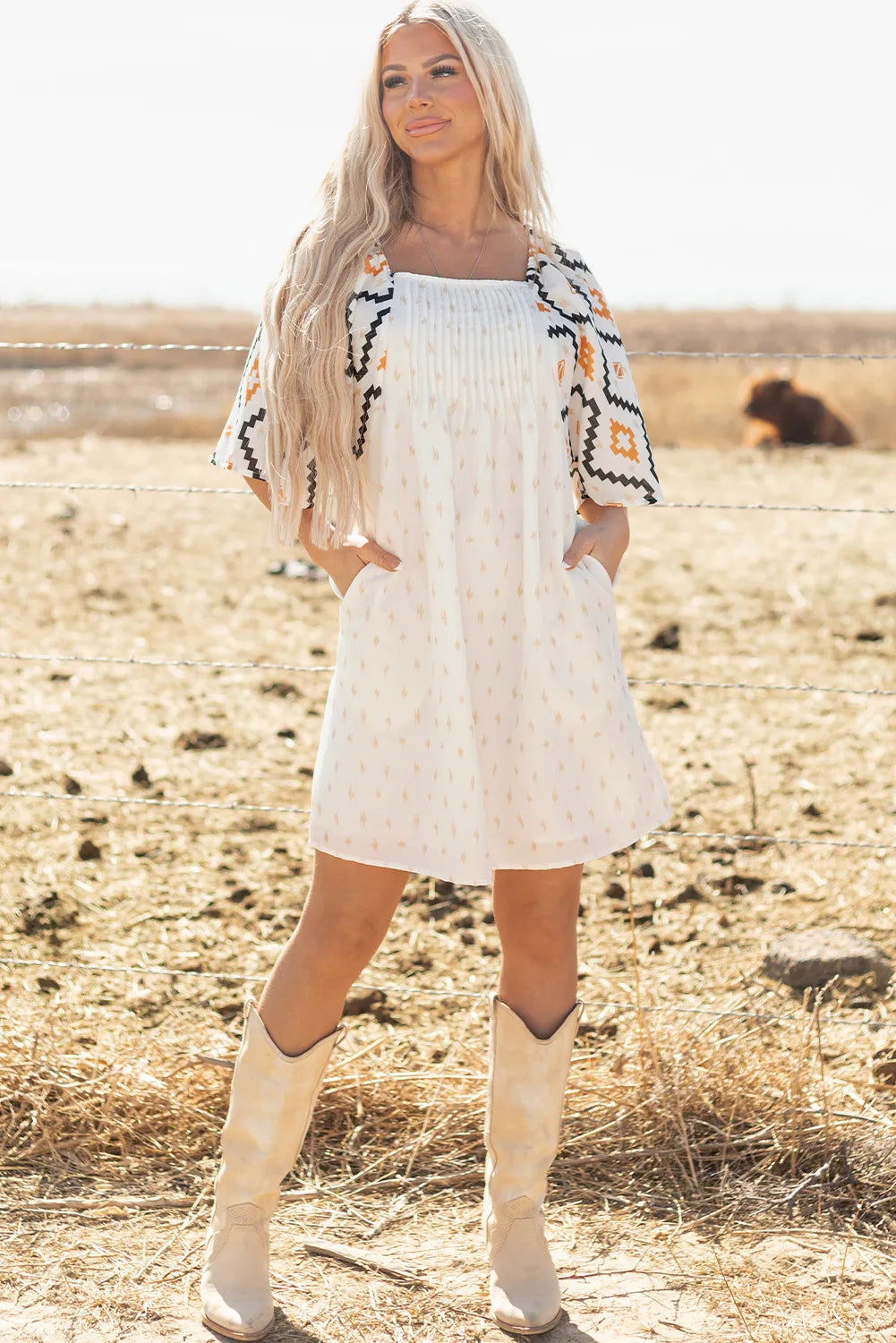 Beige Aztec Print Square Neck Mini Dress