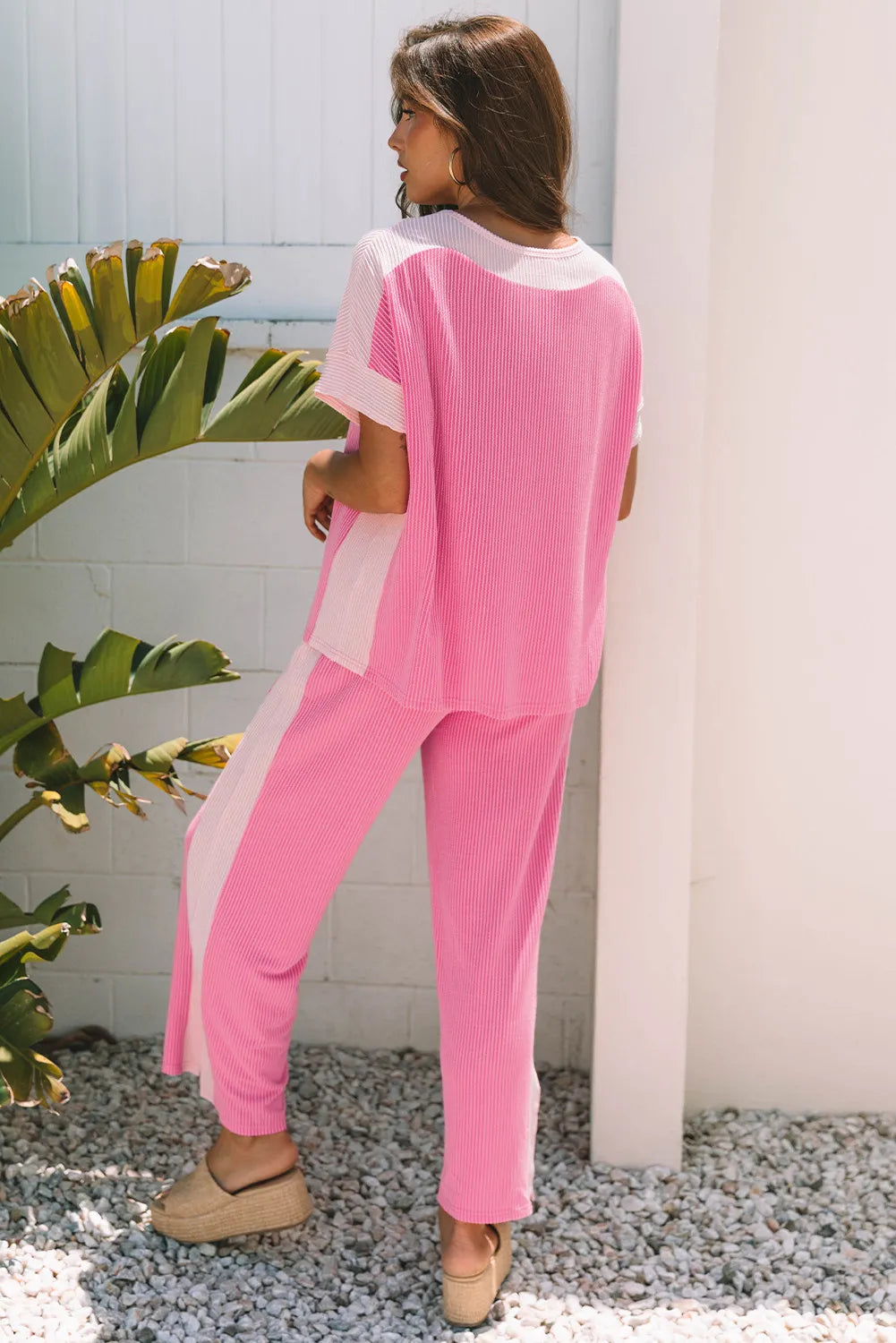 Ribbed Colourblock Co-ord Set with Wide-Leg Trousers