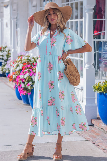 Women's Sky Blue Flutter Short Sleeve Floral Summer Maxi Dress
