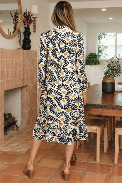 Women's Black Floral V Neck Summer Midi Dress