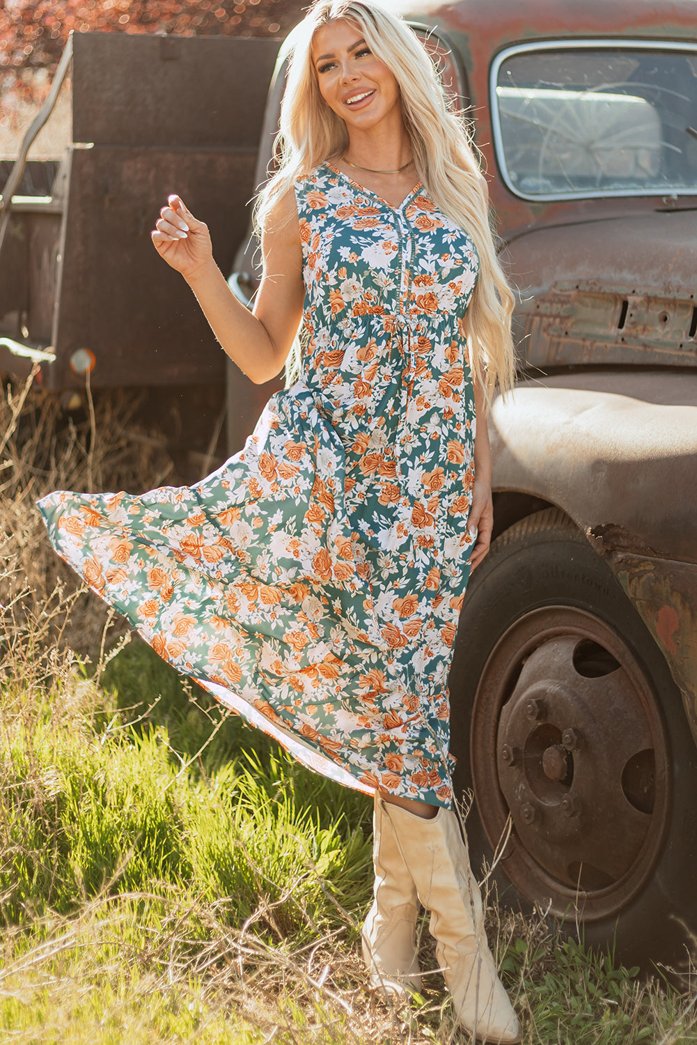 Women's Green Floral V Neck Sleeveless Summer Midi Dress