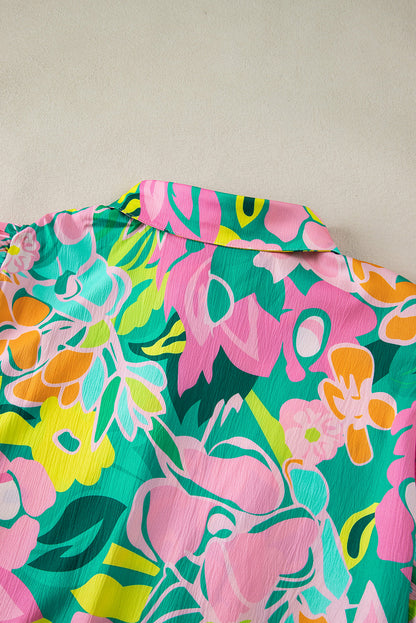 Women's Green Floral Puff Sleeve Summer Mini Dress