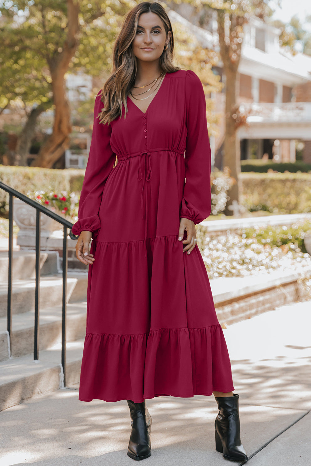 Women's Burgundy Long Sleeve V Neck Summer Maxi Dress