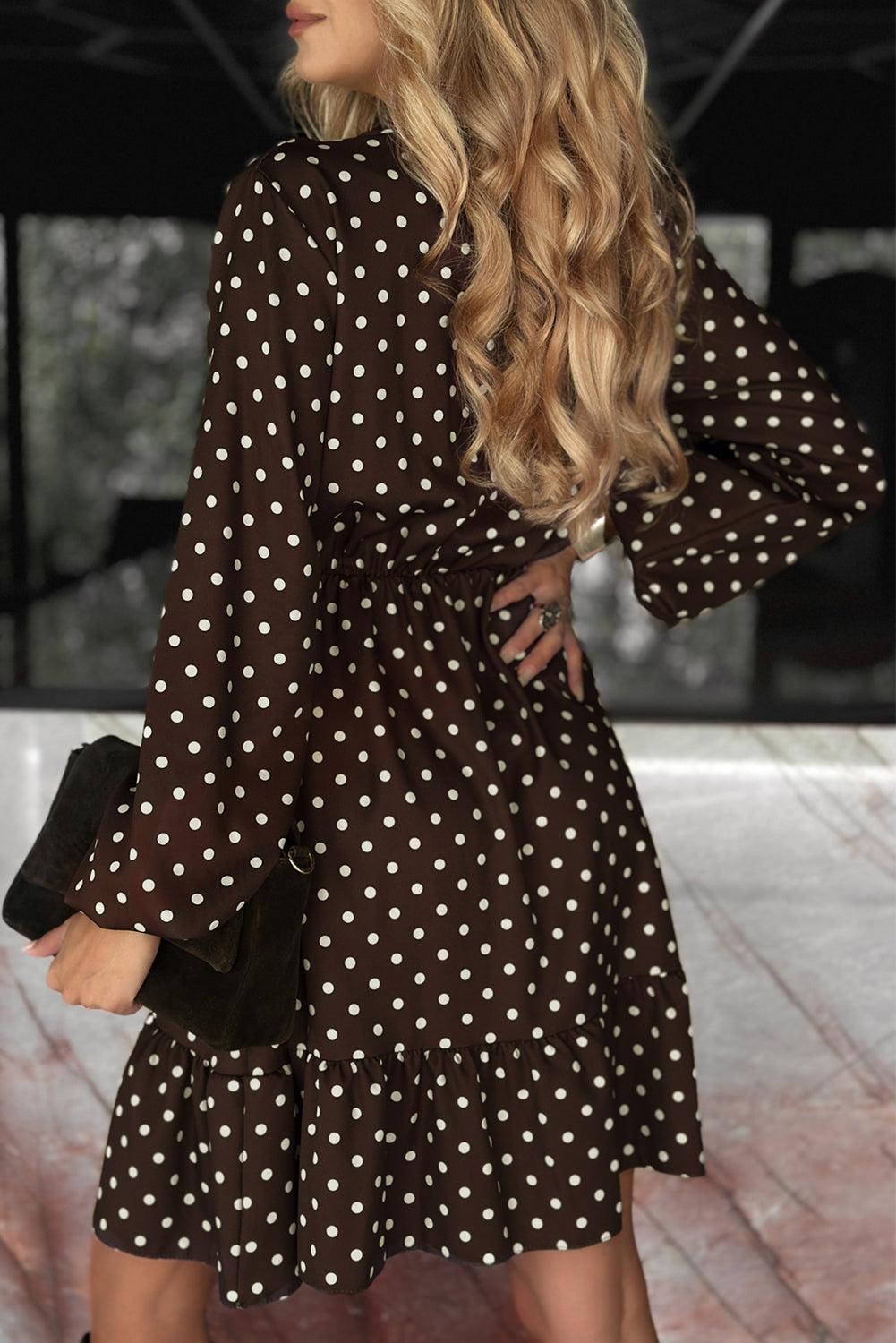 Women's Brown Polka Dot Long Sleeve Summer Mini Dress
