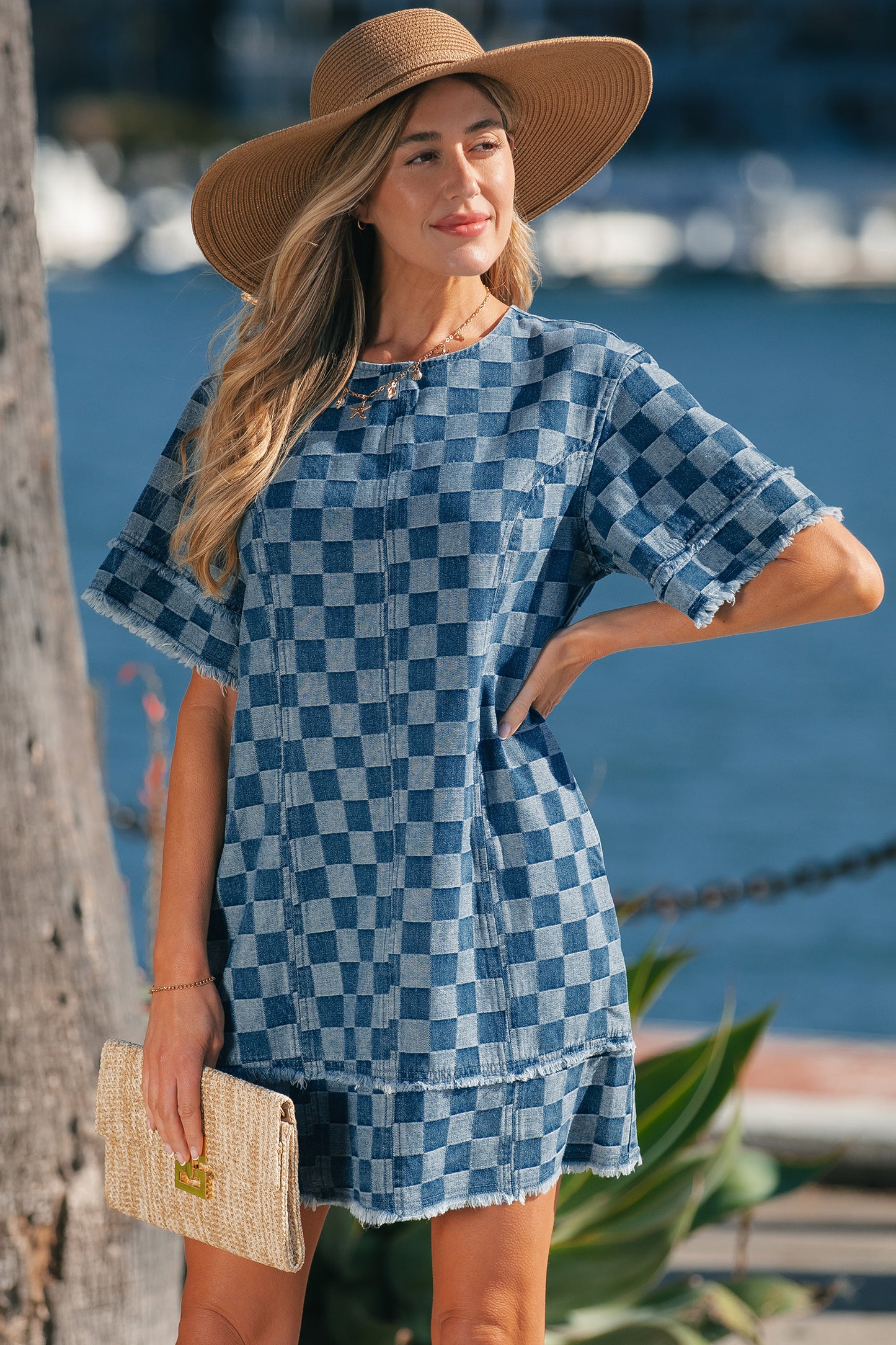 Women's Blue Frayed Hem Checkered Denim Summer Mini Dress