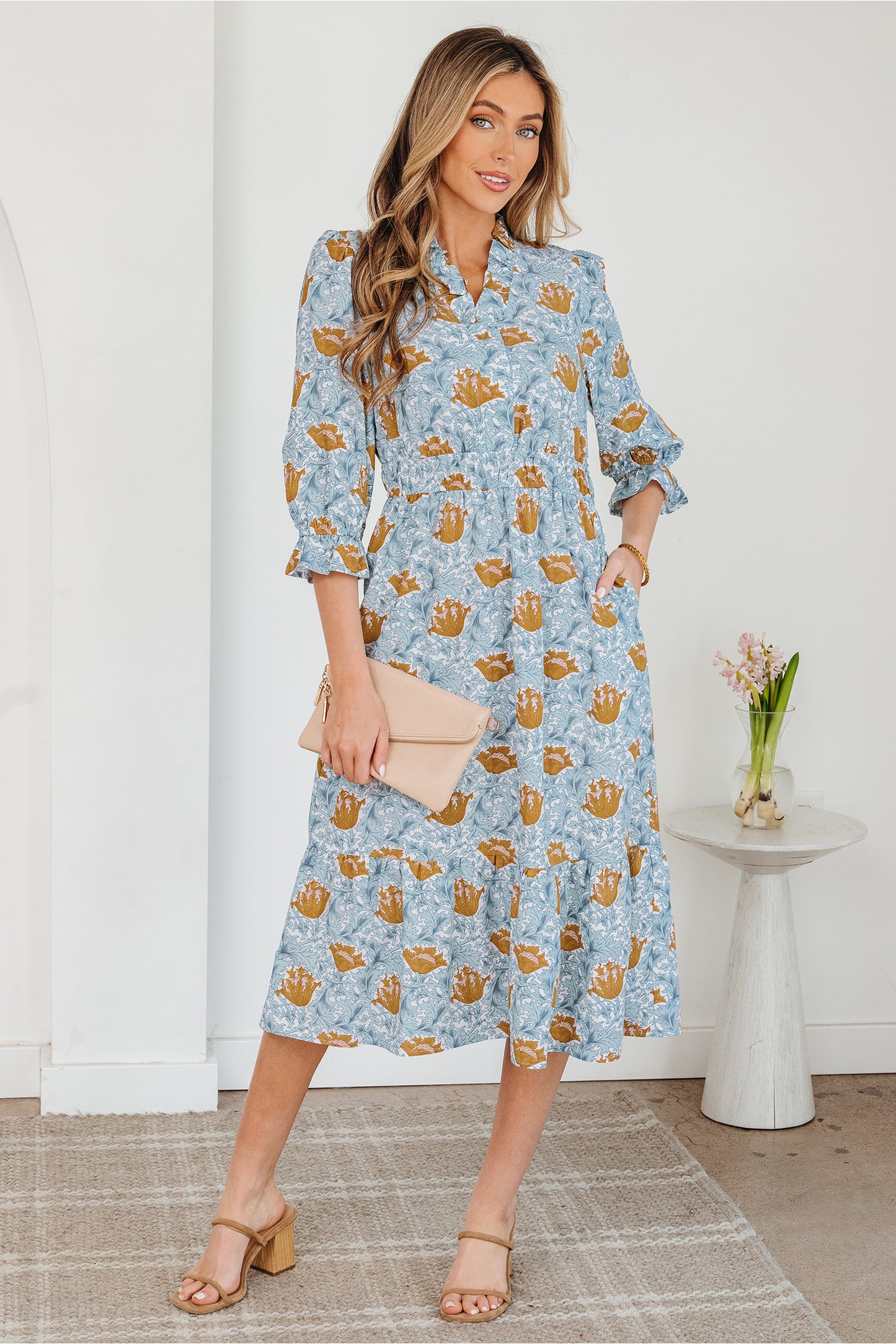 Women's Blue Floral V Neck Summer Midi Dress
