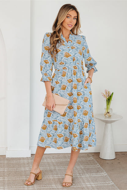 Women's Blue Floral V Neck Summer Midi Dress