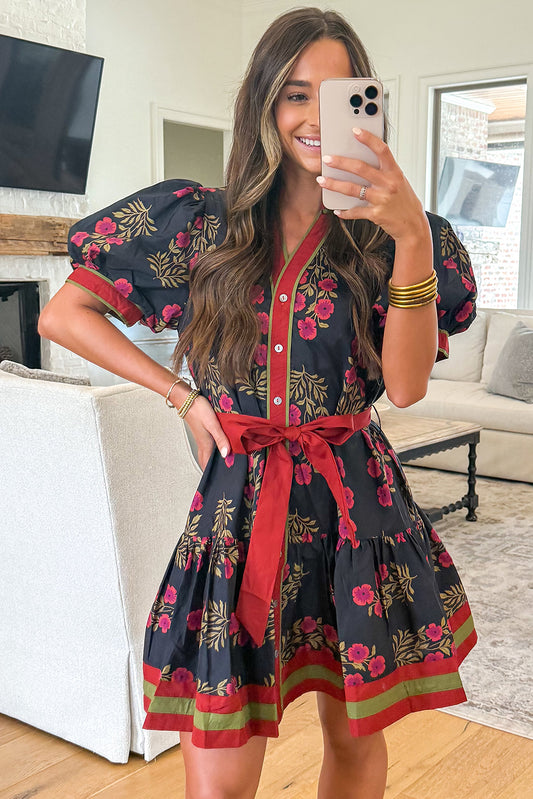 Women's Black Floral Button Down Belted Short Puff Sleeve Mini Dress