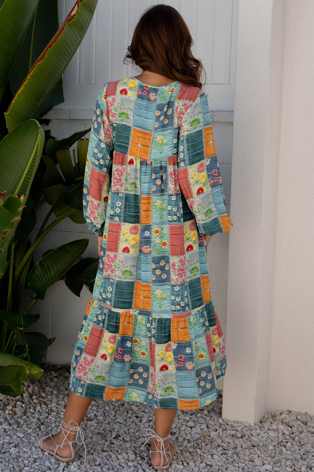 Women's Blue Mix Floral Long Sleeve Summer Midi Dress