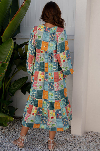 Women's Blue Mix Floral Long Sleeve Summer Midi Dress
